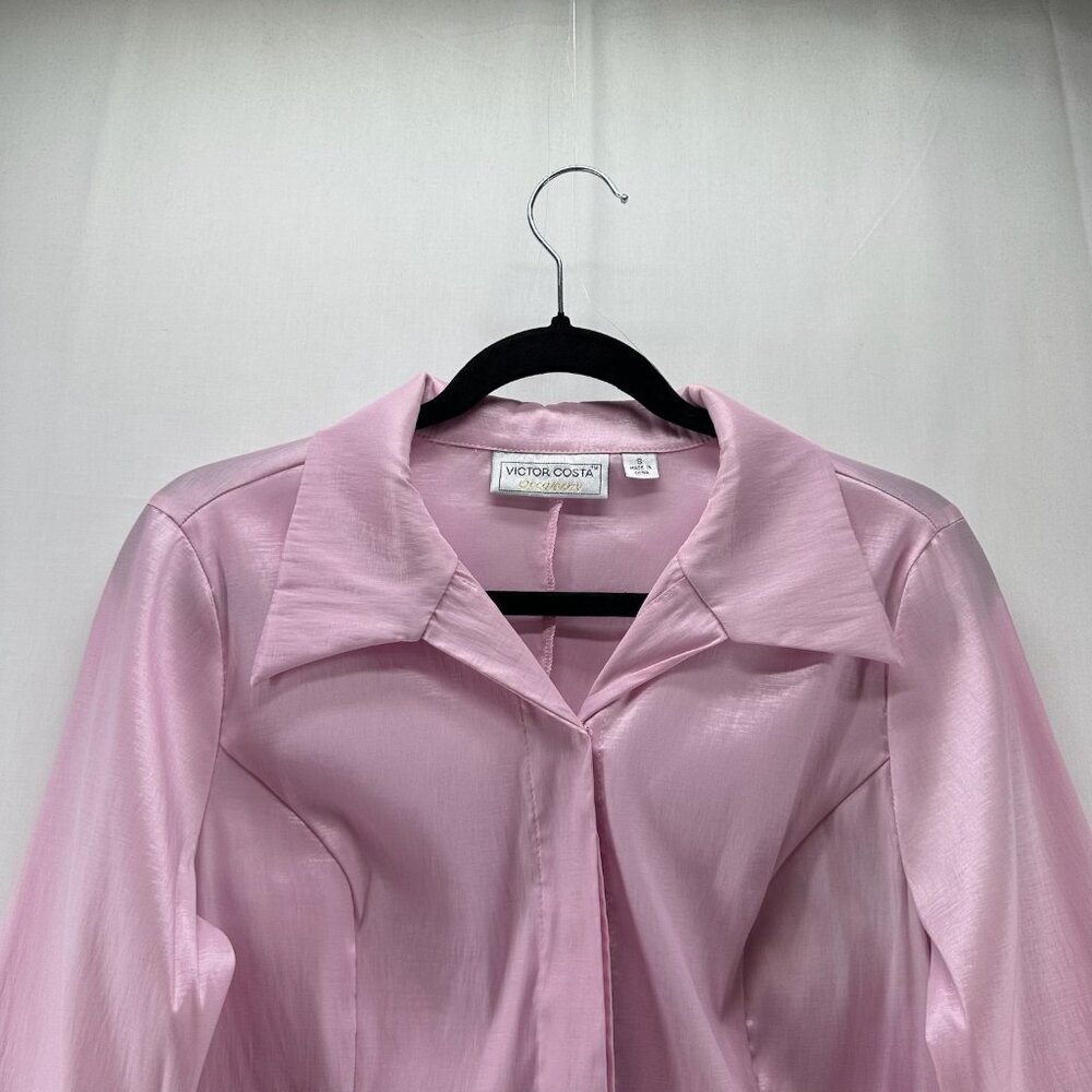 Victor Costa Top Womens S Satin Blouse Hidden Button Pleated Bell Sleeve Pink - Picture 3 of 12